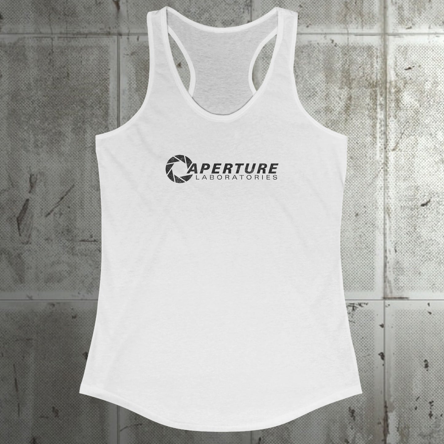 Front view of a white colored Women's Racerback Tank Top Shirt featuring the Aperture Laboratories logo from the video games Portal and Portal 2 in a vintage distressed style, sold by ScriptedBrand. 