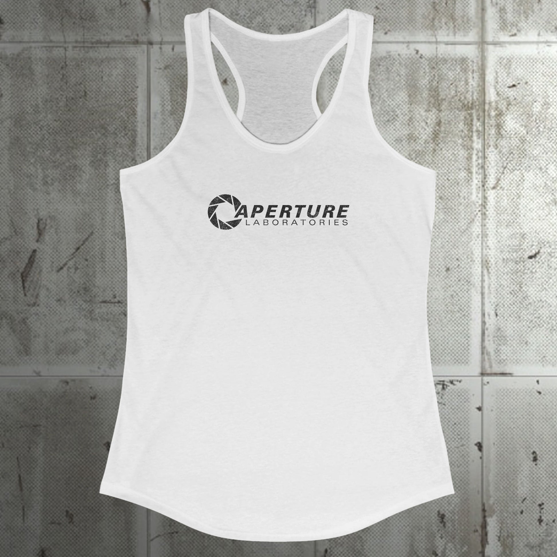 Front view of a white colored Women's Racerback Tank Top Shirt featuring the Aperture Laboratories logo from the video games Portal and Portal 2 in a vintage distressed style, sold by ScriptedBrand. 