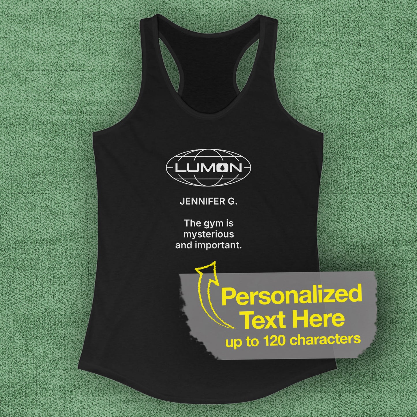 front view of  black colored women’s racerback tank top featuring a Lumon Industries logo and personalized text underneath.