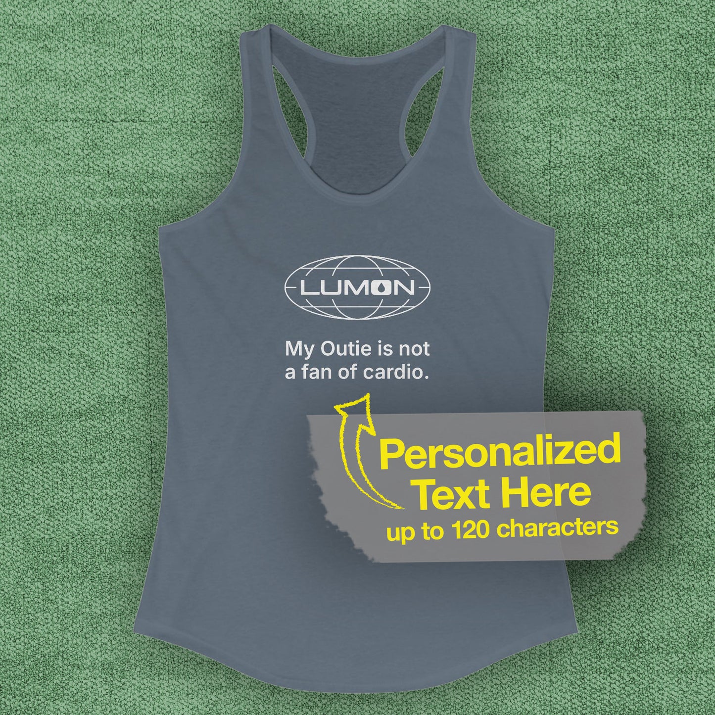 front view of  indigo colored women’s racerback tank top featuring a Lumon Industries logo and personalized text underneath.