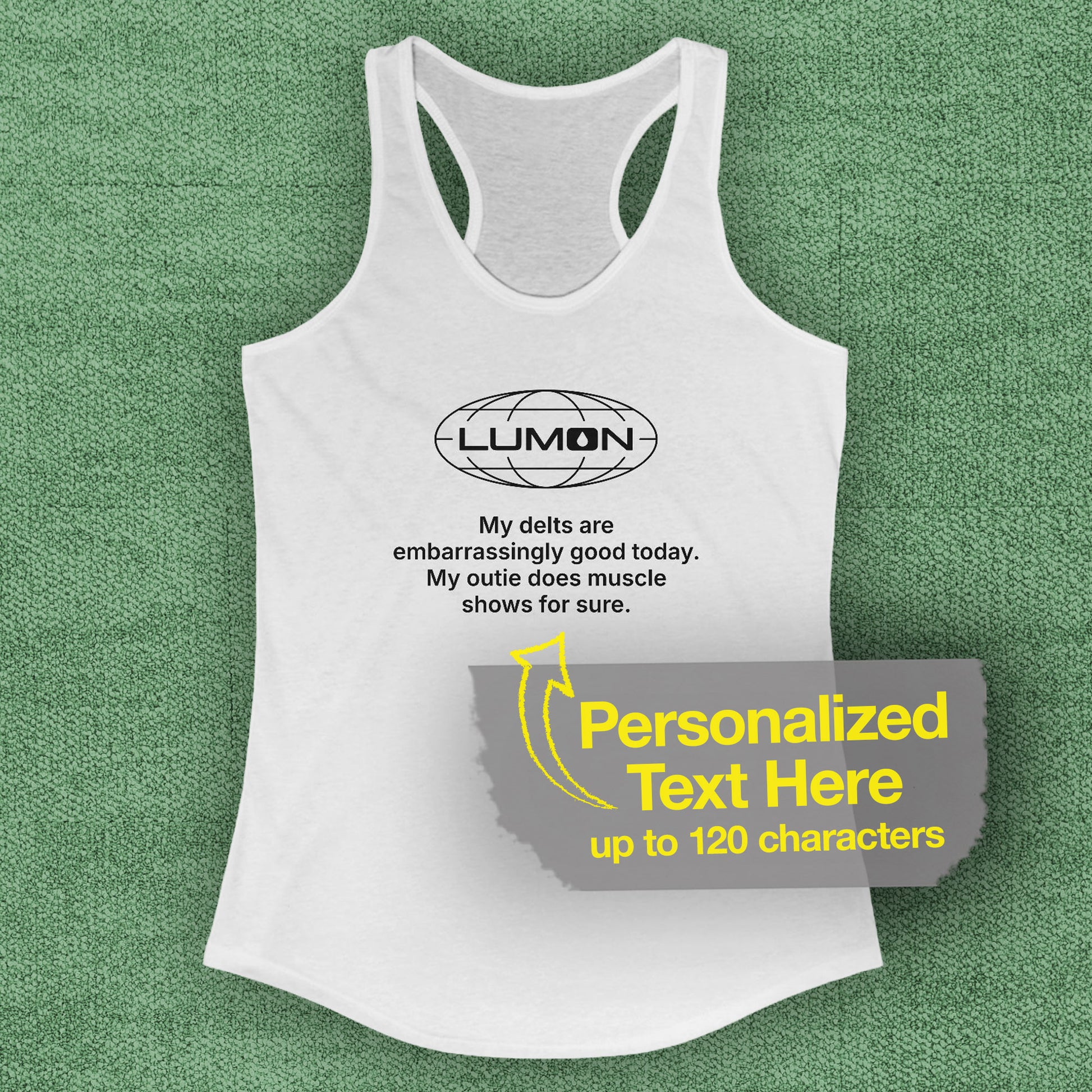 front view of  white colored women’s racerback tank top featuring a Lumon Industries logo and personalized text underneath.