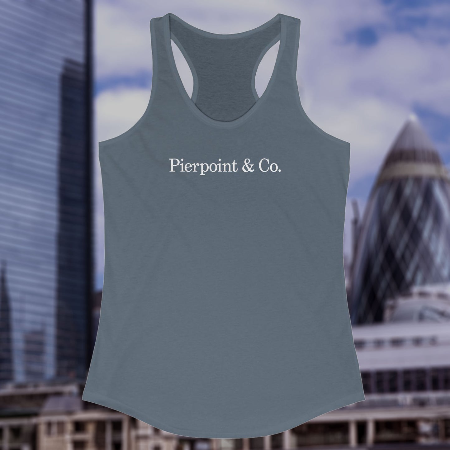 Front view of a indigo blue colored Women's Racerback Tank Top Shirt featuring the Pierpoint & Co logo from the HBO TV show Industry, sold by ScriptedBrand. 