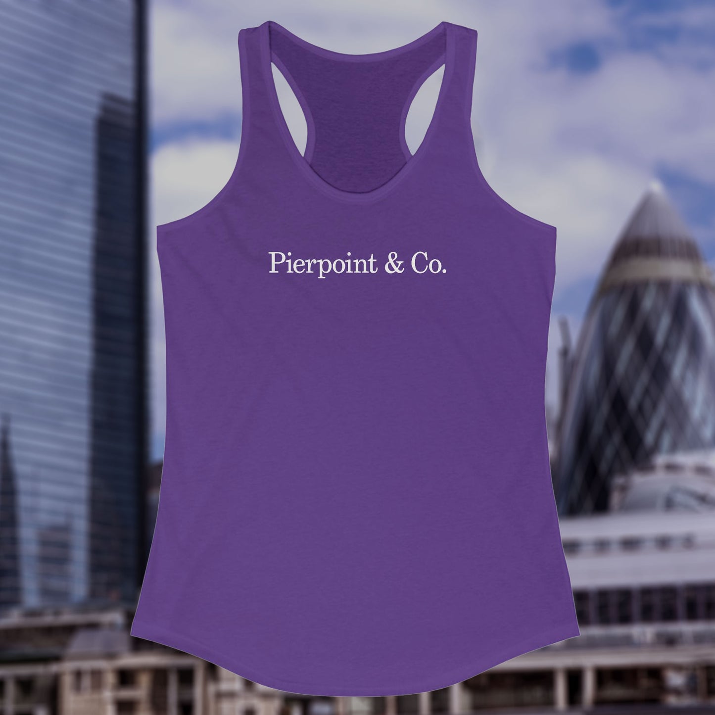Front view of a purple colored Women's Racerback Tank Top Shirt featuring the Pierpoint & Co logo from the HBO TV show Industry, sold by ScriptedBrand. 