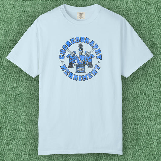 Chambray t-shirt with vintage graphic of Severance’s Choreography & Merriment Dept in blue on Comfort Colors 1717 tee.