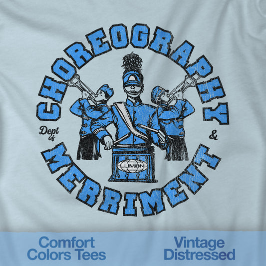 Closeup of Chambray t-shirt with vintage graphic of Severance’s Choreography & Merriment Dept in blue on Comfort Colors 1717 tee.