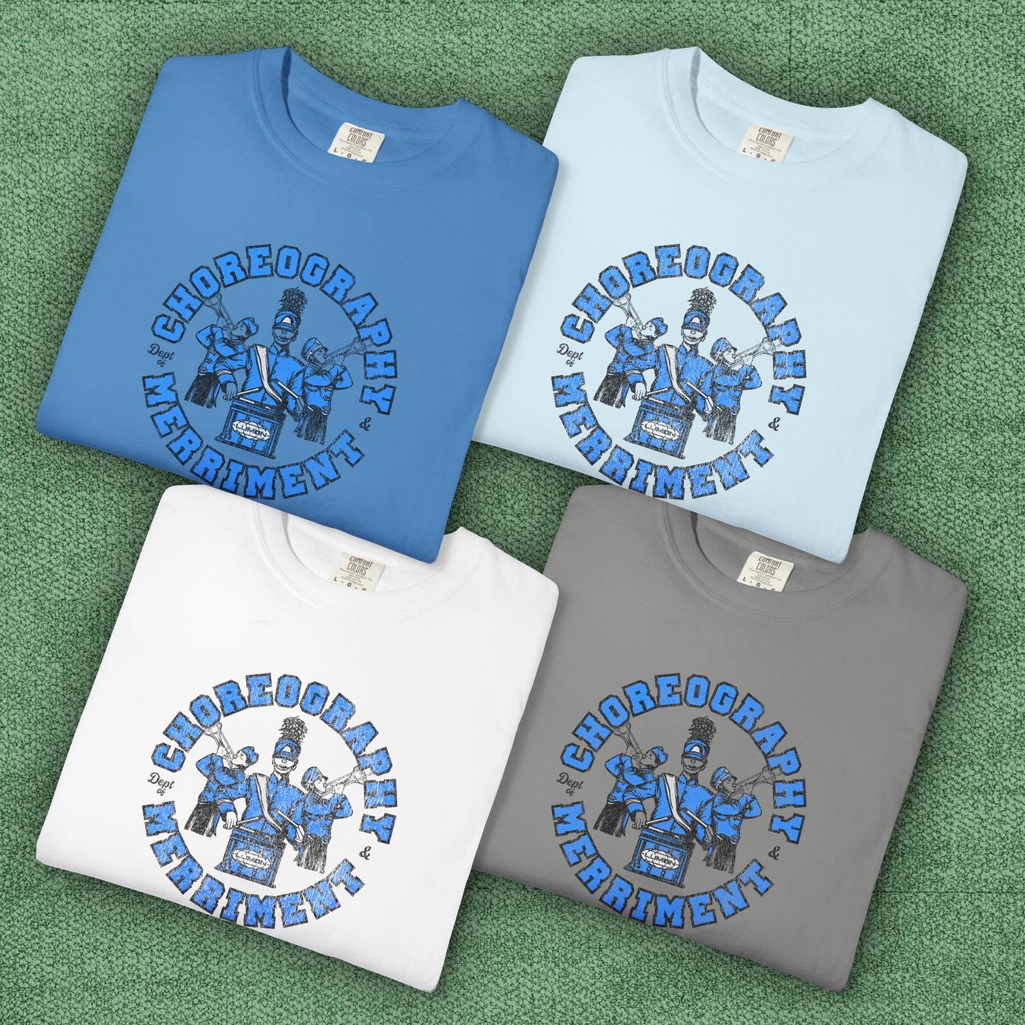 4 folded t-shirts with vintage graphic of Severance’s Choreography & Merriment Dept in blue on Comfort Colors 1717 tee.