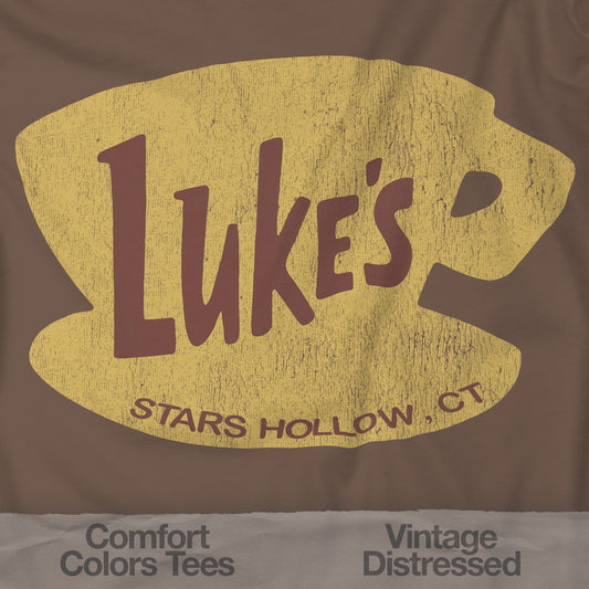 Closeup of Espresso brown Comfort Colors t-shirt with vintage yellow Luke’s Diner logo from Gilmore Girls.