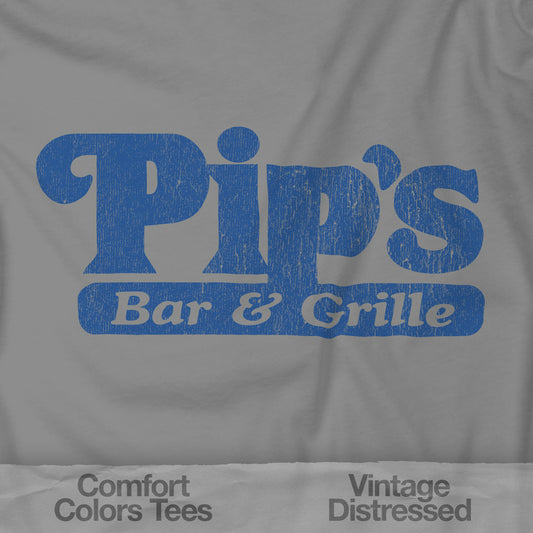 Closeup of Vintage-style Pip’s Bar & Grill t-shirt from Severance on Comfort Colors 1717 in the color granite, blue distressed logo.