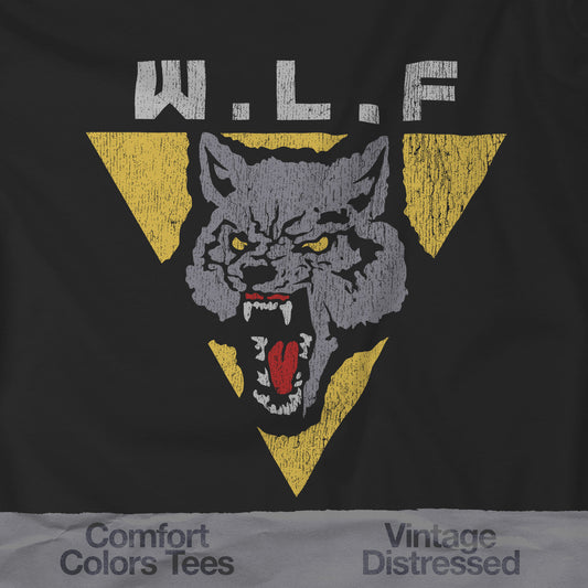 Closeup of Black t-shirt with distressed WLF logo from The Last of Us, featuring a snarling wolf inside a yellow triangle.