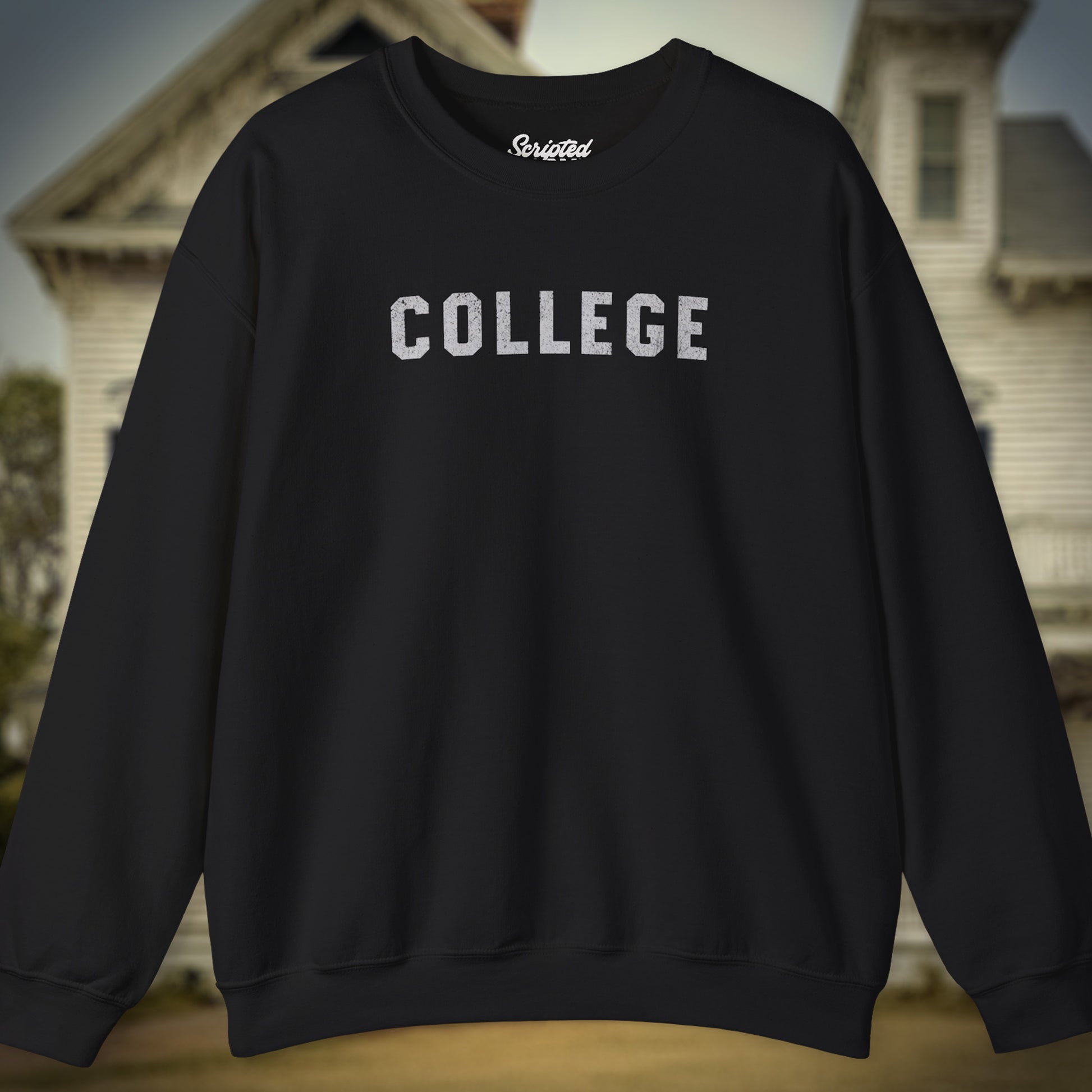 Front view of a black colored soft unisex Gildan 18000 sweatshirt with the word COLLEGE that John Belushi wore in the movie Animal House, in a vintage distressed ink-stamped worn-in style, sold by ScriptedBrand.