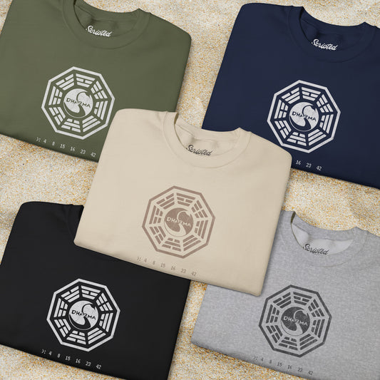 Group of 5 folded Soft Gildan 18000 crew neck sweatshirts featuring the Dharma Initiative swan logo graphic from the TV show LOST in a vintage distressed ink-stamped worn-in style.
