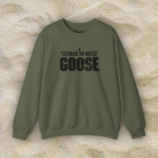 Military green crewneck sweatshirt with distressed “Talk to Me Goose” graphic, inspired by the movie Top Gun, by ScriptedBrand.
