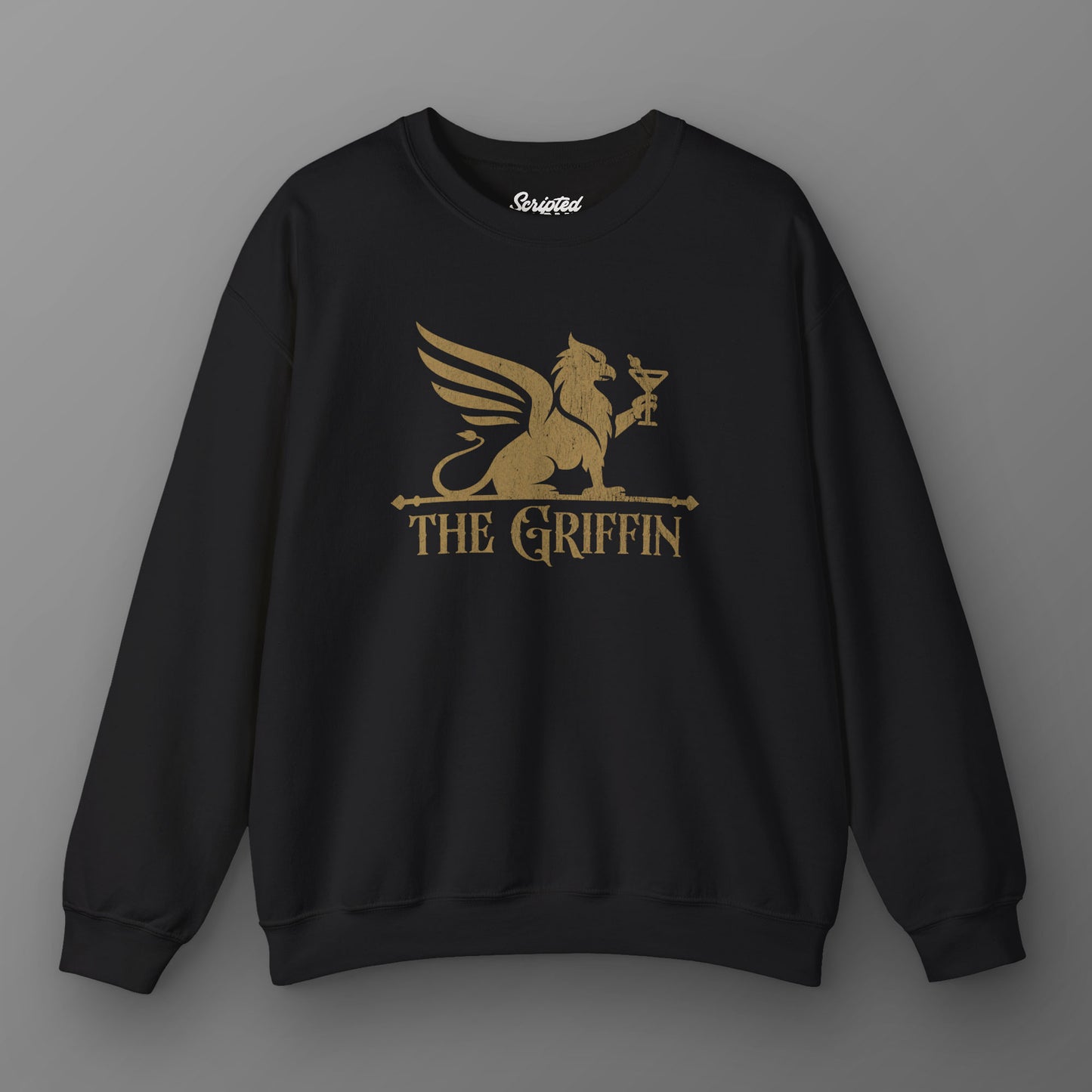 Black crewneck sweatshirt with vintage distressed The Griffin Bar logo graphic inspired by New Girl