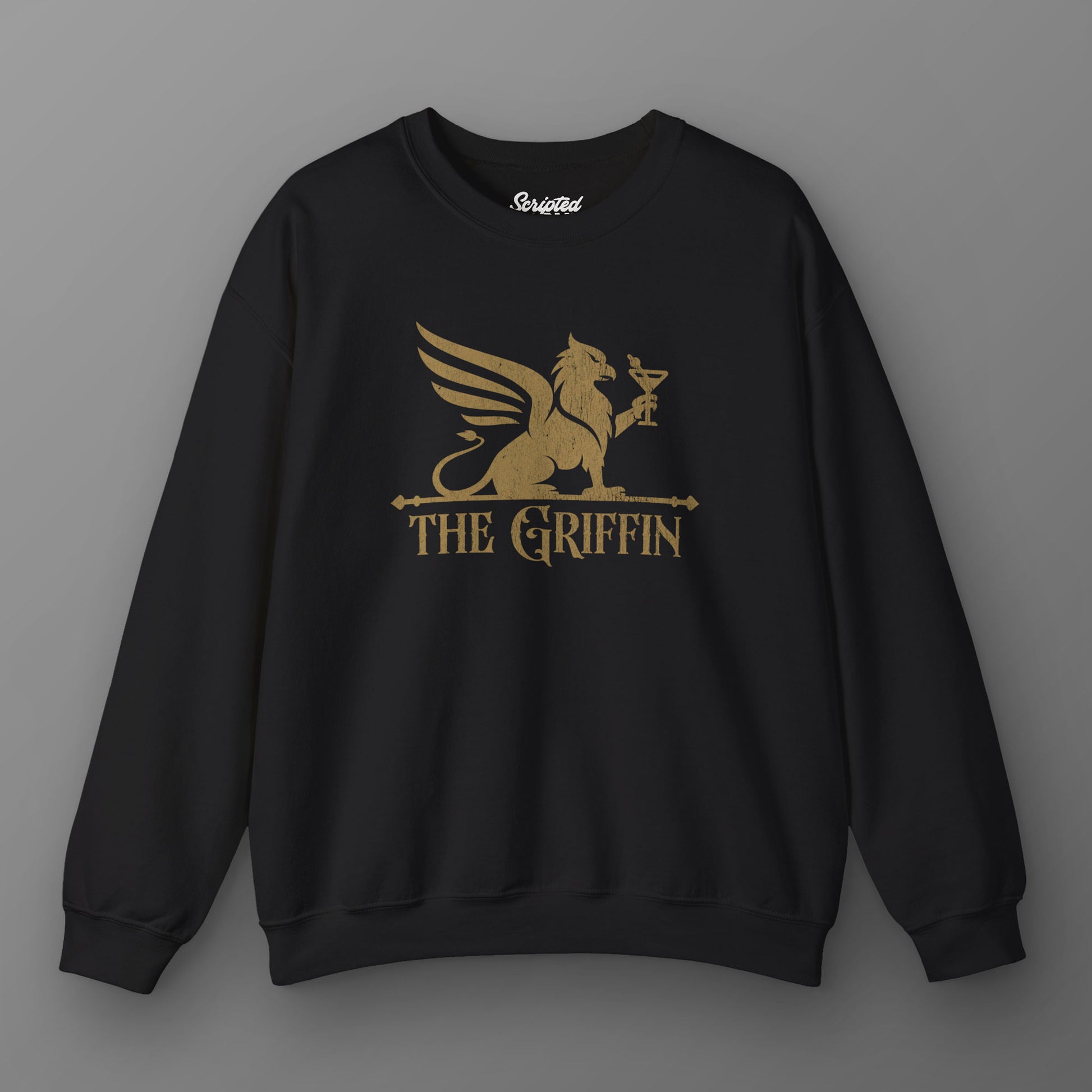 Black crewneck sweatshirt with vintage distressed The Griffin Bar logo graphic inspired by New Girl
