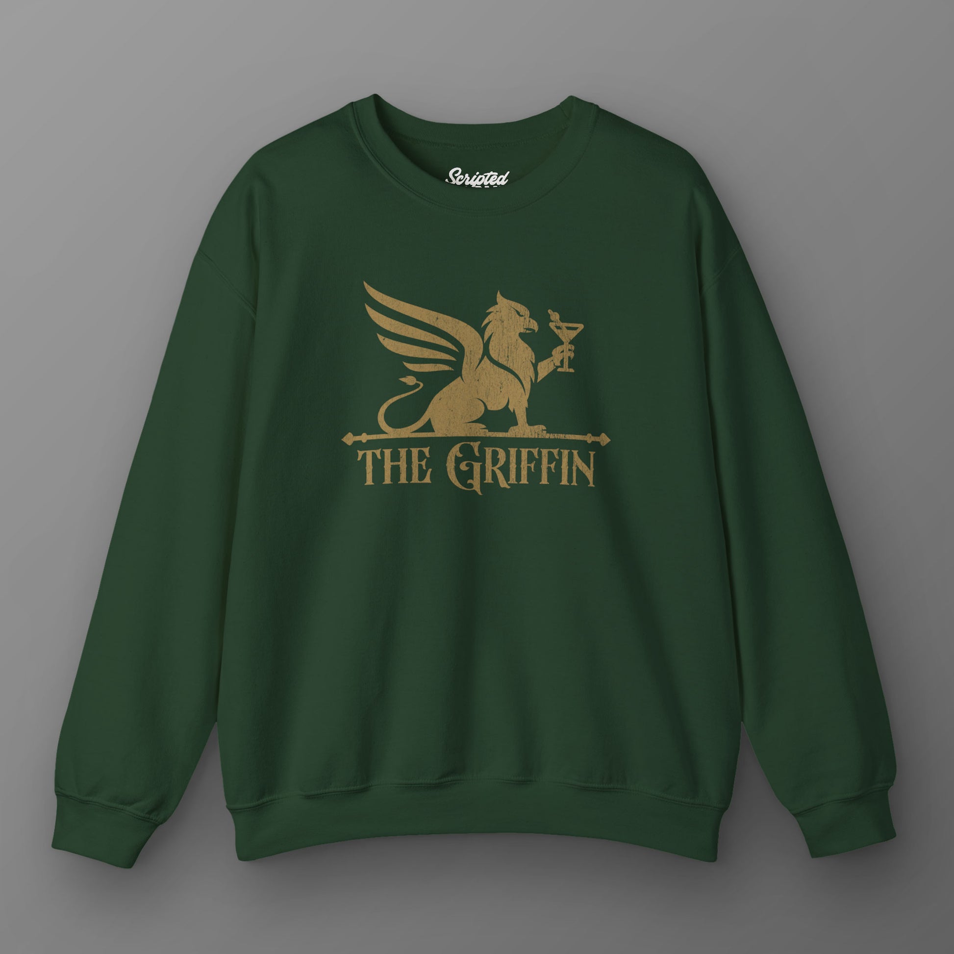 Green crewneck sweatshirt with vintage distressed The Griffin Bar logo graphic inspired by New Girl