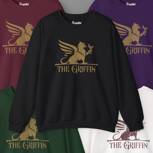 Five crewneck sweatshirts with vintage distressed The Griffin Bar logo graphic inspired by New Girl