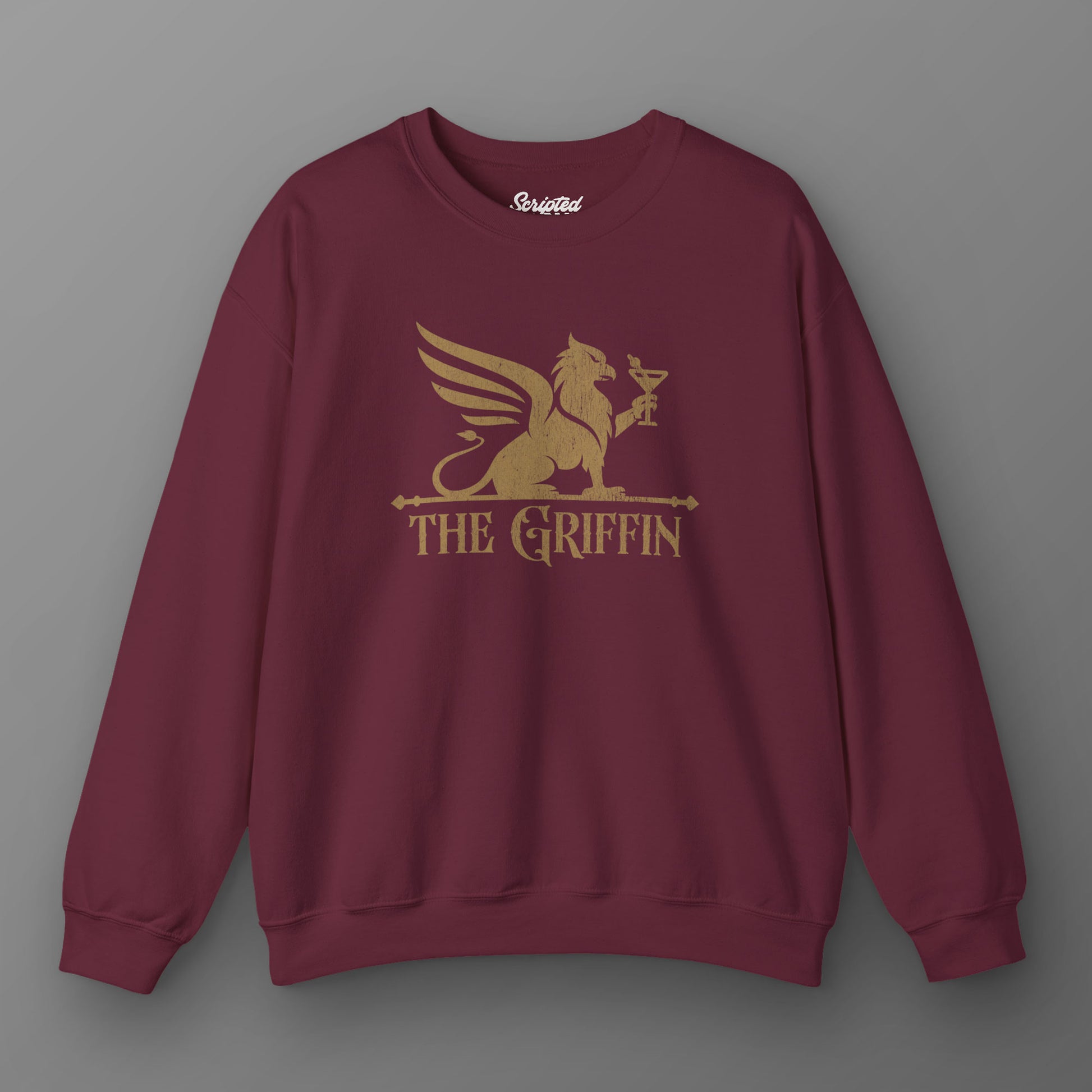 Maroon crewneck sweatshirt with vintage distressed The Griffin Bar logo graphic inspired by New Girl