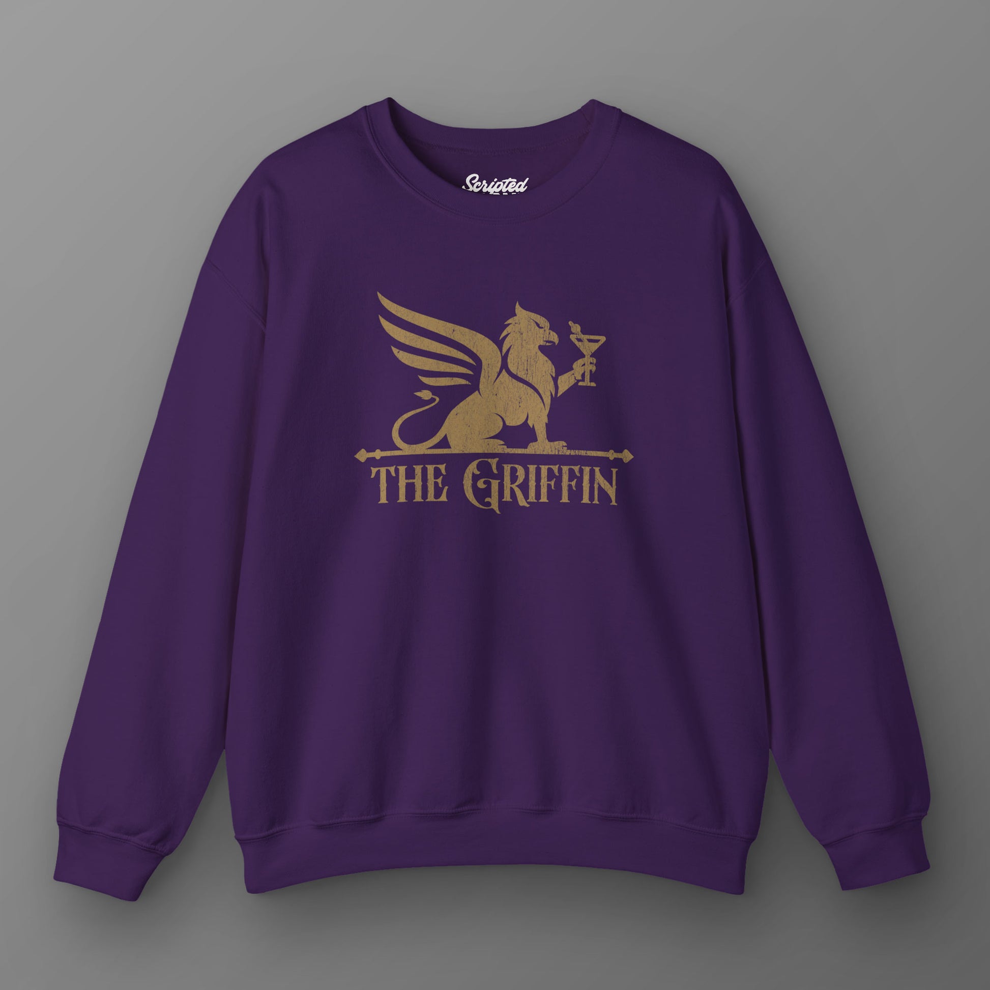 Purple crewneck sweatshirt with vintage distressed The Griffin Bar logo graphic inspired by New Girl