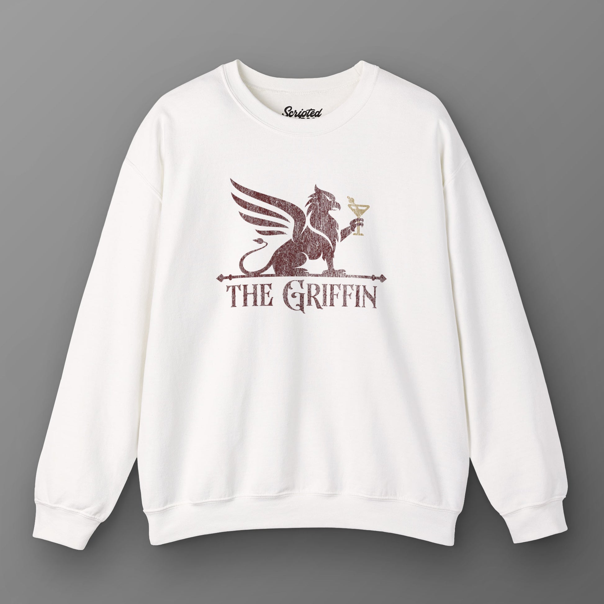 White crewneck sweatshirt with vintage distressed The Griffin Bar logo graphic inspired by New Girl