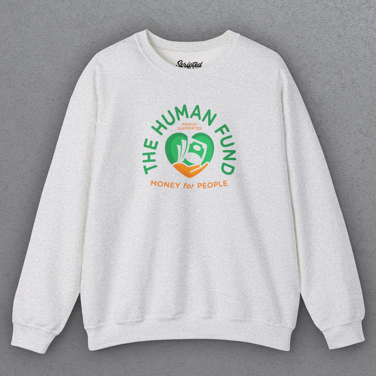 Ash Gildan 18000 crewneck sweatshirt featuring The Human Fund “Money for People” logo inspired by George Costanza from Seinfeld.