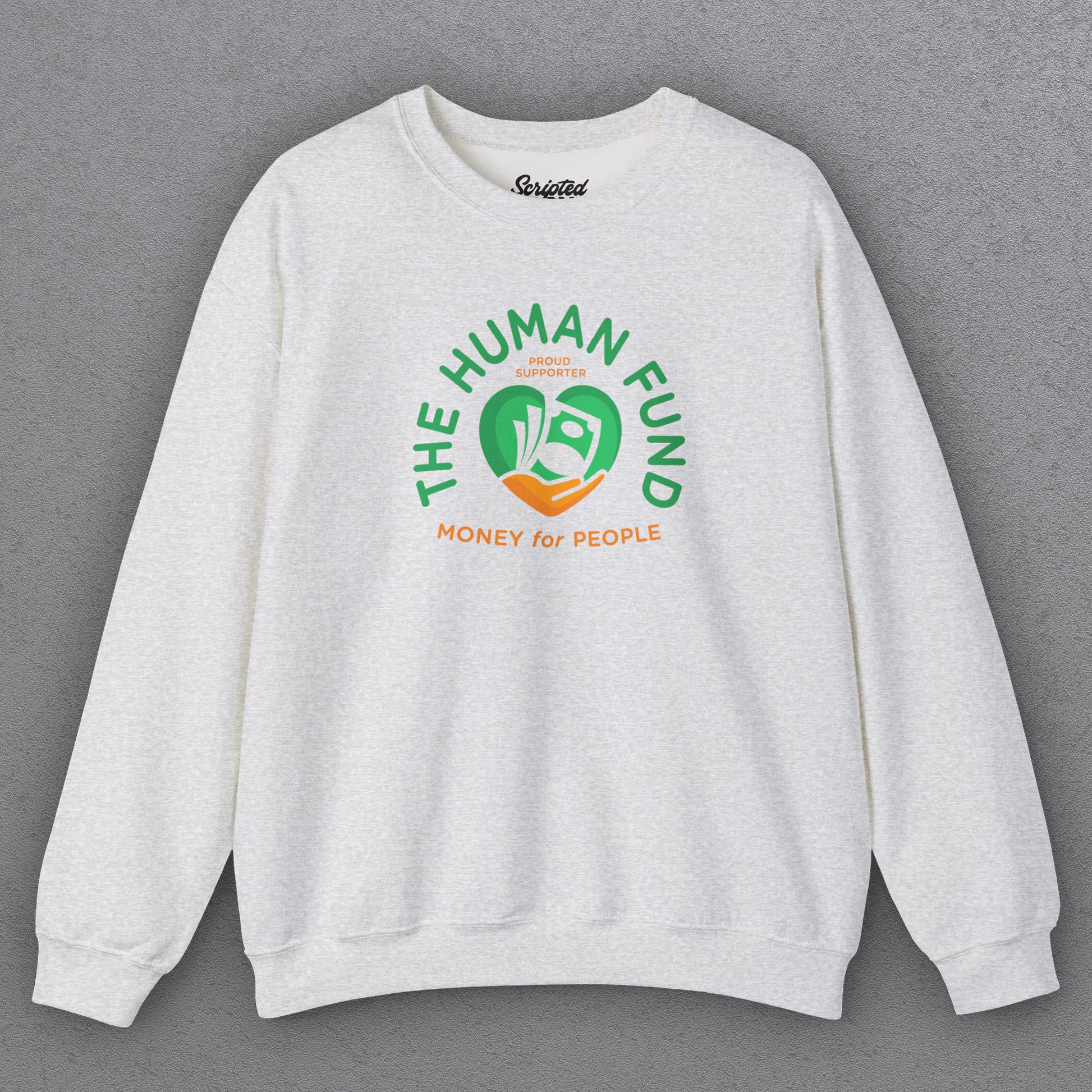 Ash Gildan 18000 crewneck sweatshirt featuring The Human Fund “Money for People” logo inspired by George Costanza from Seinfeld.