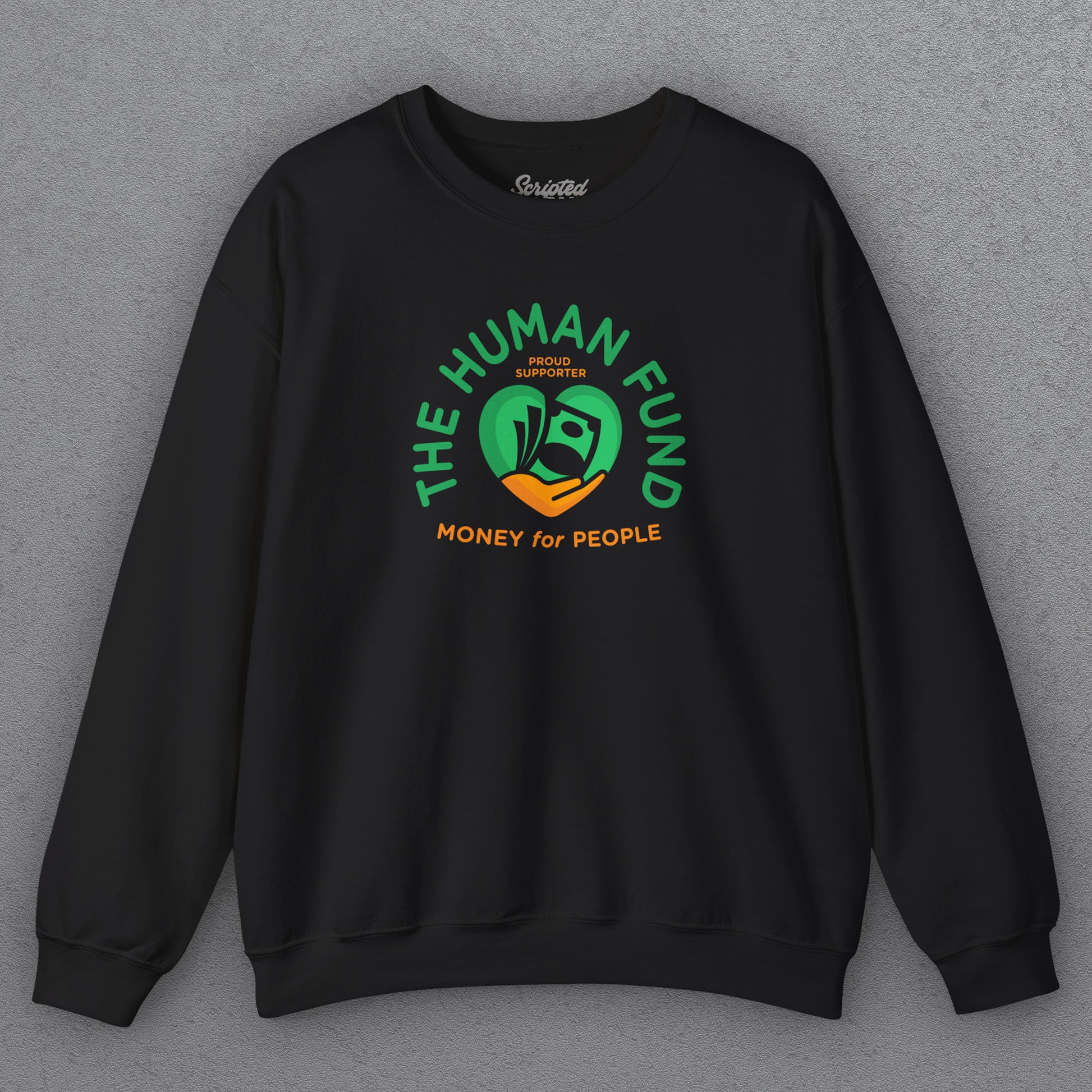 Black Gildan 18000 crewneck sweatshirt featuring The Human Fund “Money for People” logo inspired by George Costanza from Seinfeld.