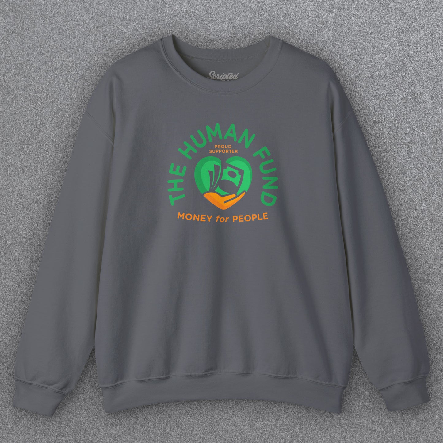 Charcoal Gray Gildan 18000 crewneck sweatshirt featuring The Human Fund “Money for People” logo inspired by George Costanza from Seinfeld.