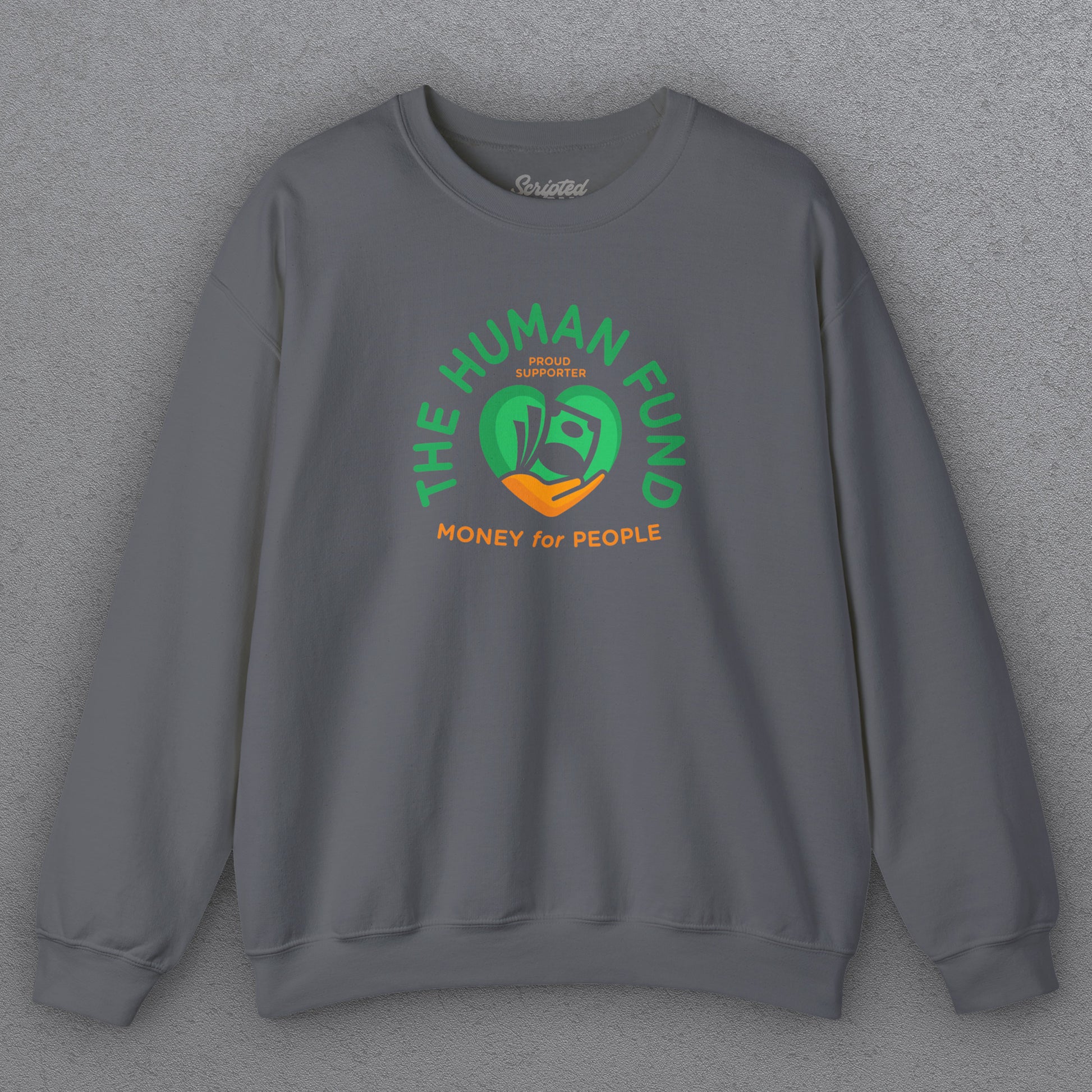 Charcoal Gray Gildan 18000 crewneck sweatshirt featuring The Human Fund “Money for People” logo inspired by George Costanza from Seinfeld.
