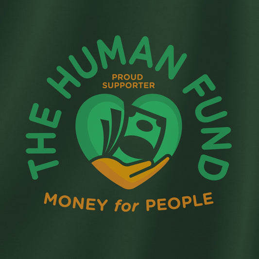 Closeup of Gildan 18000 crewneck sweatshirt featuring The Human Fund “Money for People” logo inspired by George Costanza from Seinfeld.