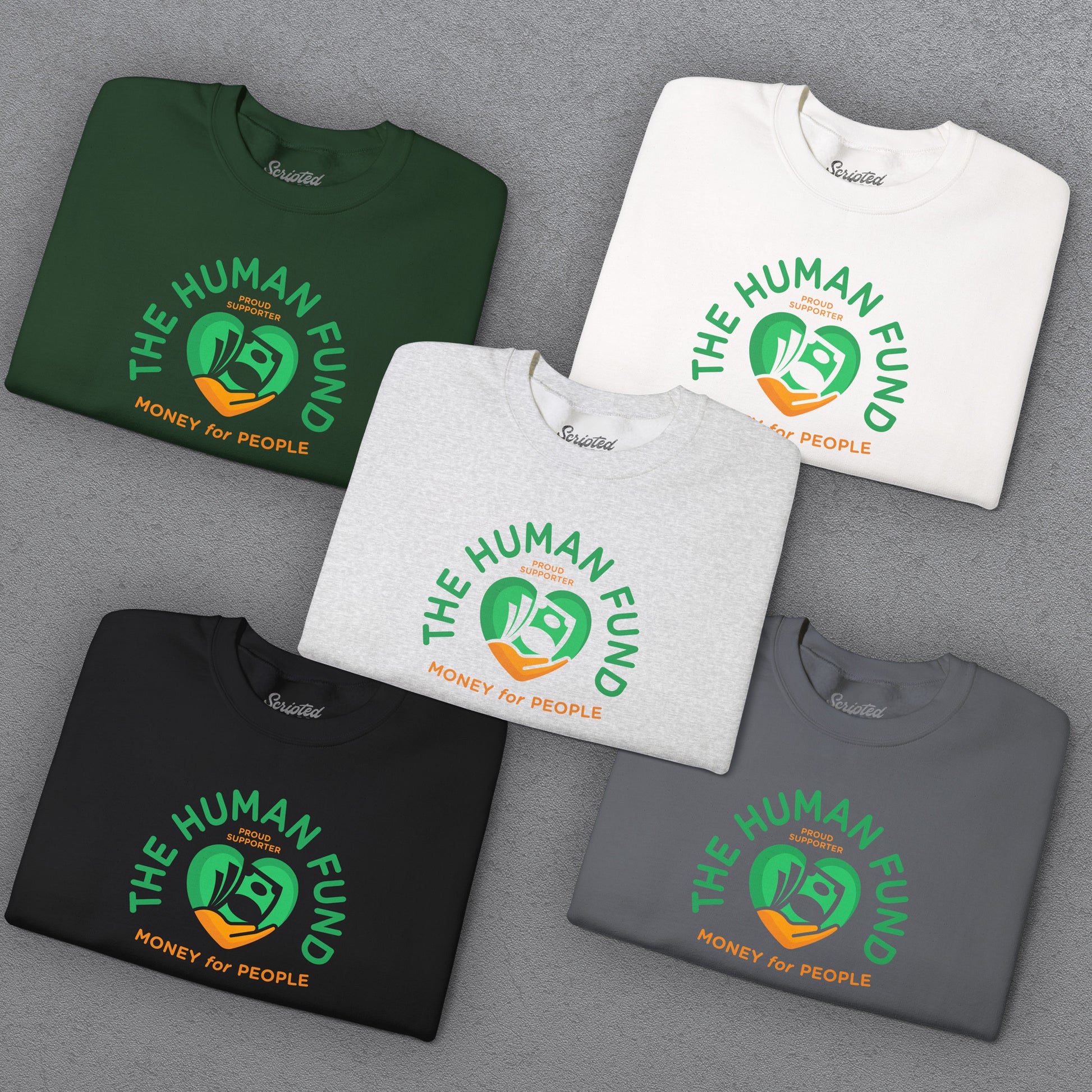 Five folded sweatshirts with 'The Human Fund' logo on a gray background