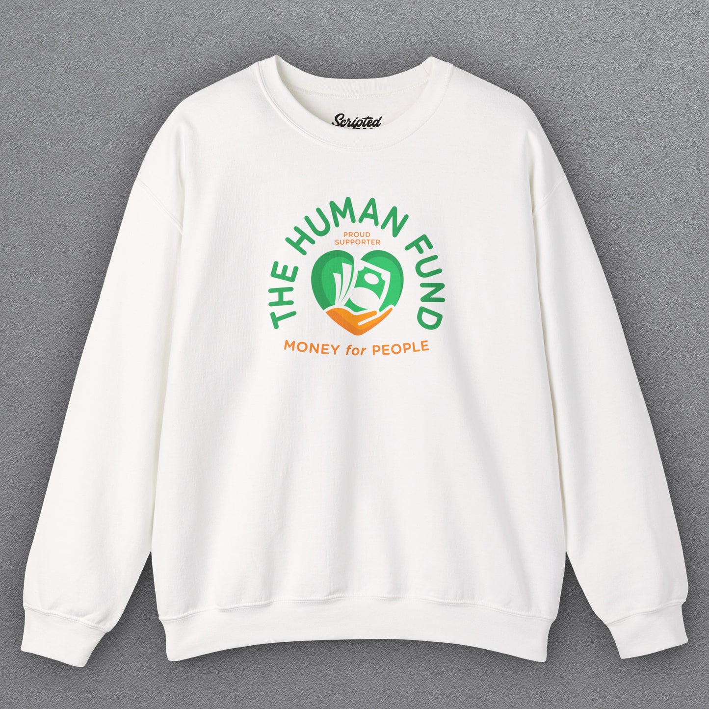 White Gildan 18000 crewneck sweatshirt featuring The Human Fund “Money for People” logo inspired by George Costanza from Seinfeld.