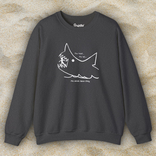 Front view of dark heather grey Gildan 18000 sweatshirt with the chalkboard drawing by Quint in the movie Jaws.