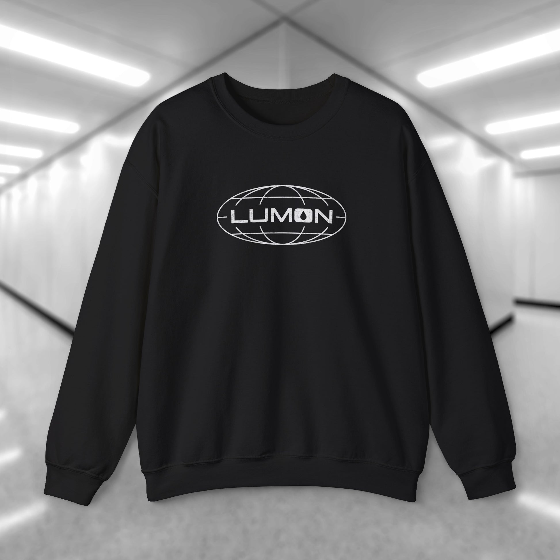Front view of a black Soft Gildan 18000 crew neck sweatshirt featuring the Lumon Industries logo from the Apple TV show Severance in a vintage distressed style.