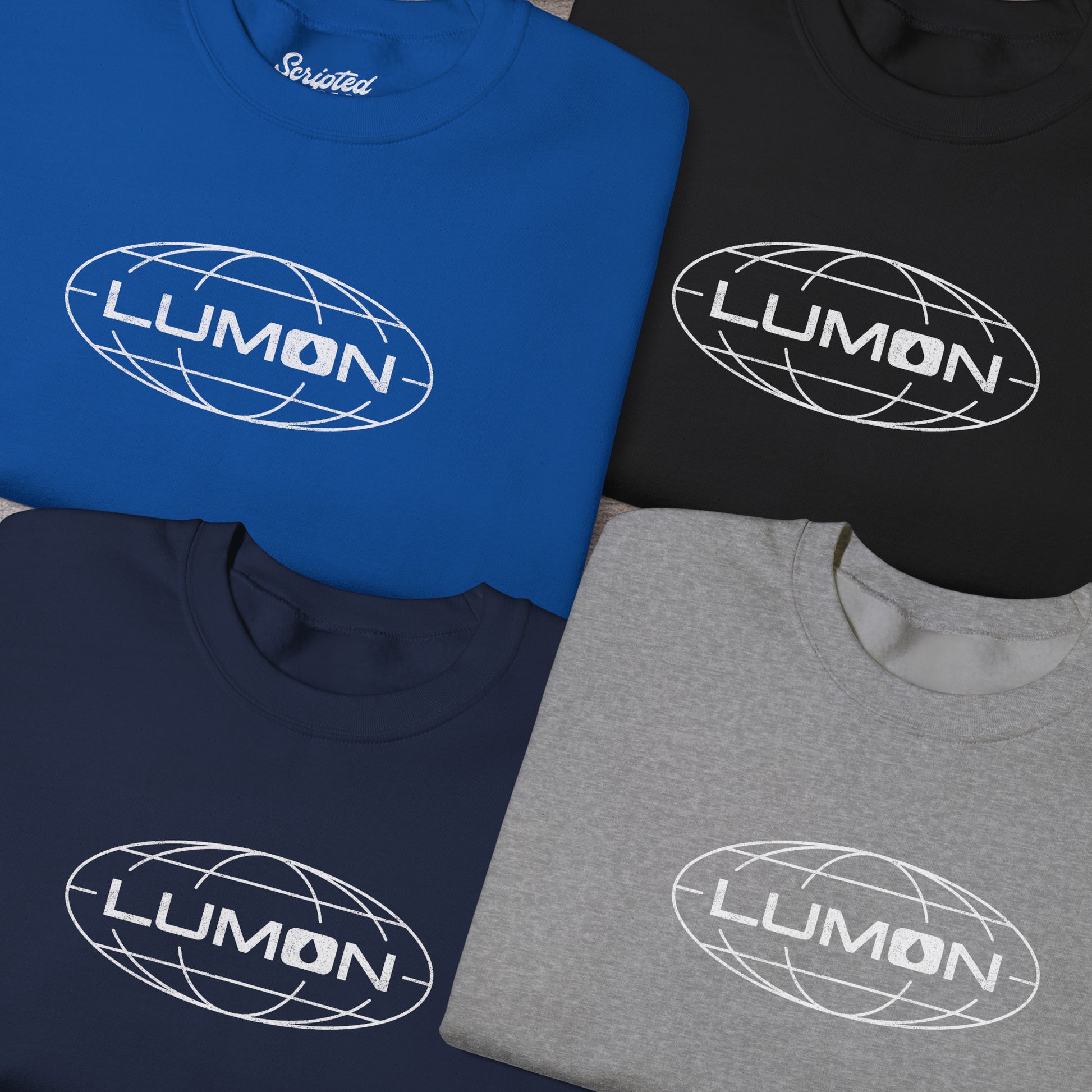 Group of 4 folded Gildan 18000 crew neck sweatshirts featuring the Lumon Industries logo from the Apple TV show Severance in a vintage distressed style.