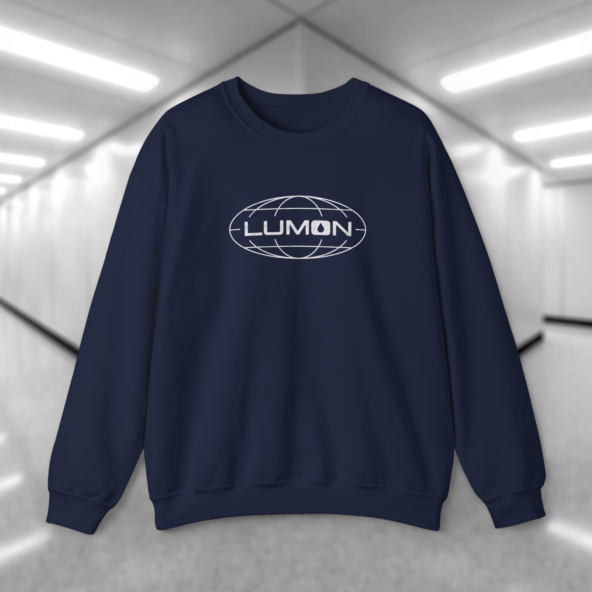 Front view of a navy blue Soft Gildan 18000 crew neck sweatshirt featuring the Lumon Industries logo from the Apple TV show Severance in a vintage distressed style.