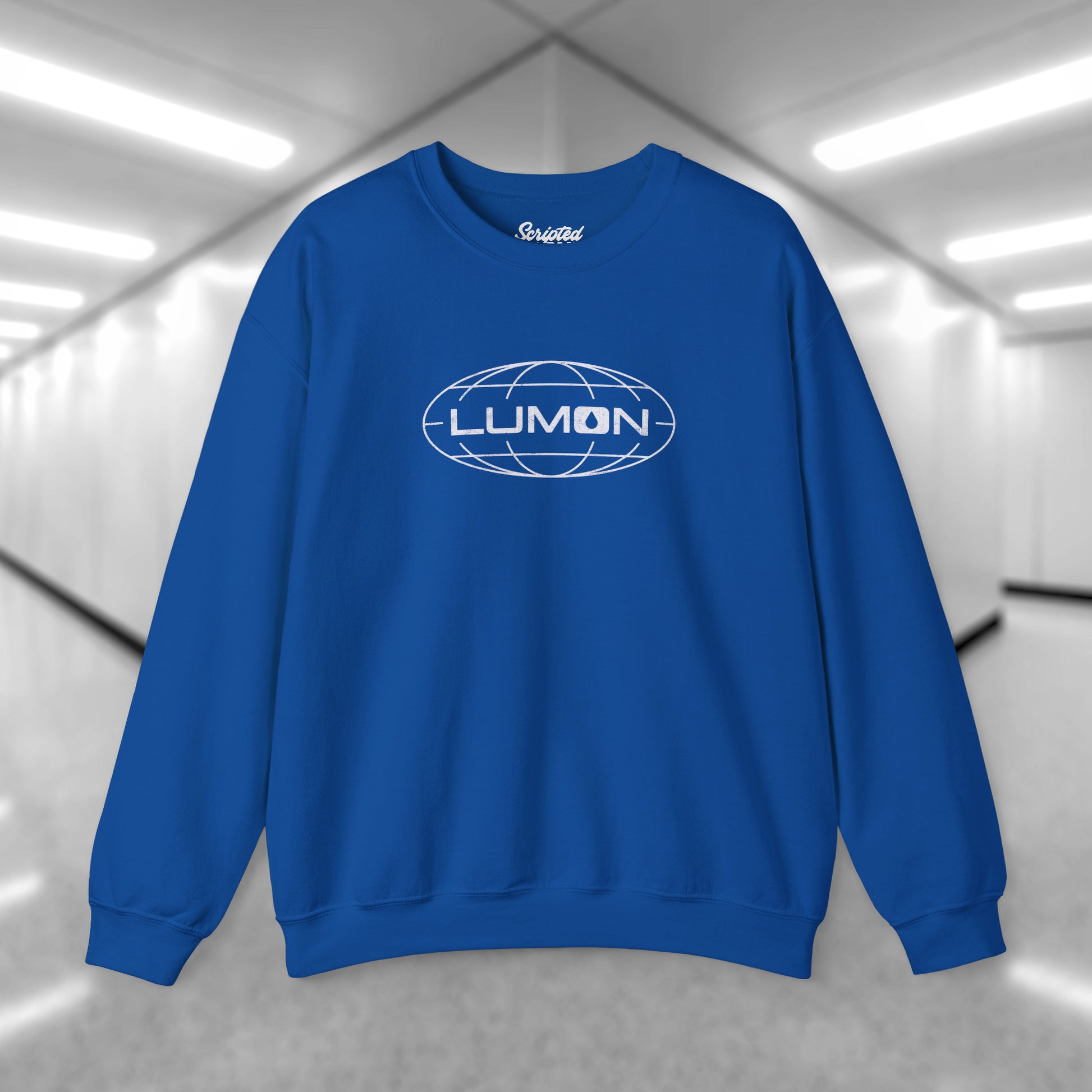 Front view of a royal blue Soft Gildan 18000 crew neck sweatshirt featuring the Lumon Industries logo from the Apple TV show Severance in a vintage distressed style.