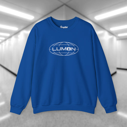 Front view of a royal blue Soft Gildan 18000 crew neck sweatshirt featuring the Lumon Industries logo from the Apple TV show Severance in a vintage distressed style.
