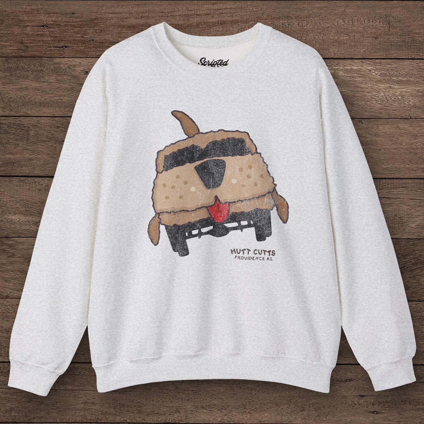 Dumb and Dumber Mutt Cutts dog van vintage distressed graphic on soft Gildan 18000 crewneck sweatshirt, ash color mockup front view