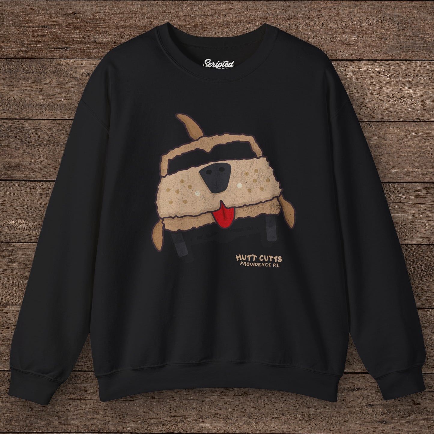 Dumb and Dumber Mutt Cutts dog van vintage distressed graphic on soft Gildan 18000 crewneck sweatshirt, chocolate brown color mockup front view