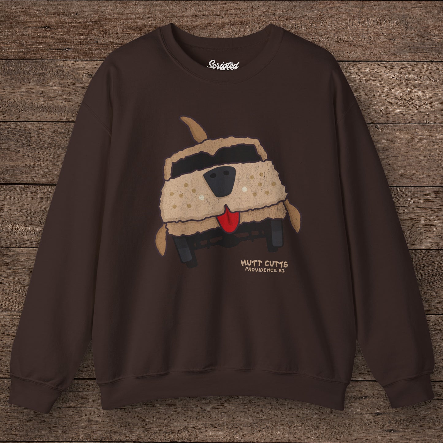 Dumb and Dumber Mutt Cutts dog van vintage distressed graphic on soft Gildan 18000 crewneck sweatshirt, chocolate brown color mockup front view