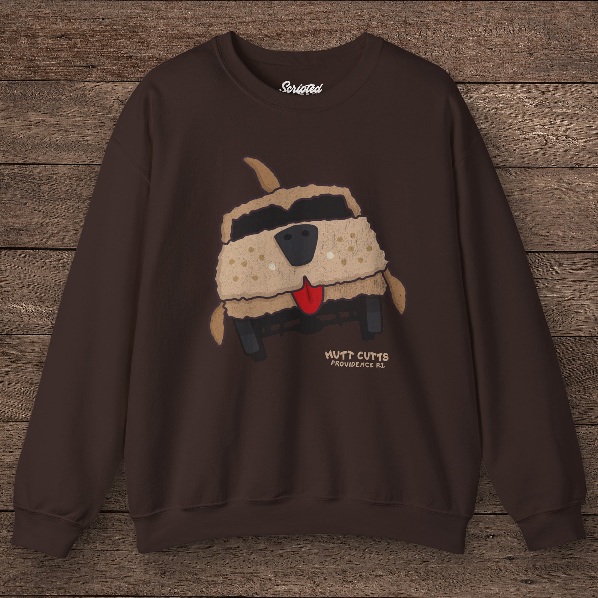 Dumb and Dumber Mutt Cutts dog van vintage distressed graphic on soft Gildan 18000 crewneck sweatshirt, chocolate brown color mockup front view