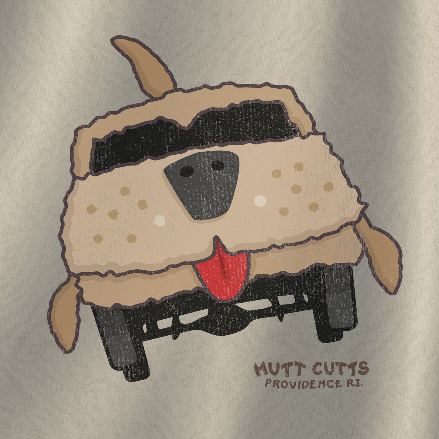 Closeup of sand colored Gildan 18000 crewneck sweatshirt with Mutt Cutts dog van vintage distressed graphic, mockup front view