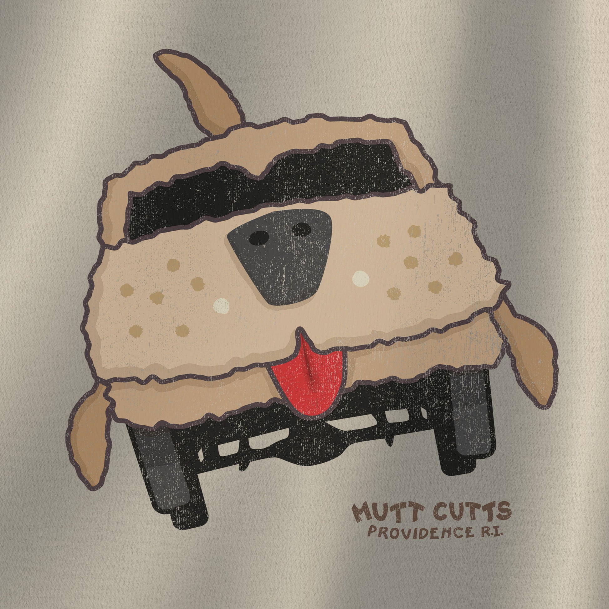 Closeup of sand colored Gildan 18000 crewneck sweatshirt with Mutt Cutts dog van vintage distressed graphic, mockup front view