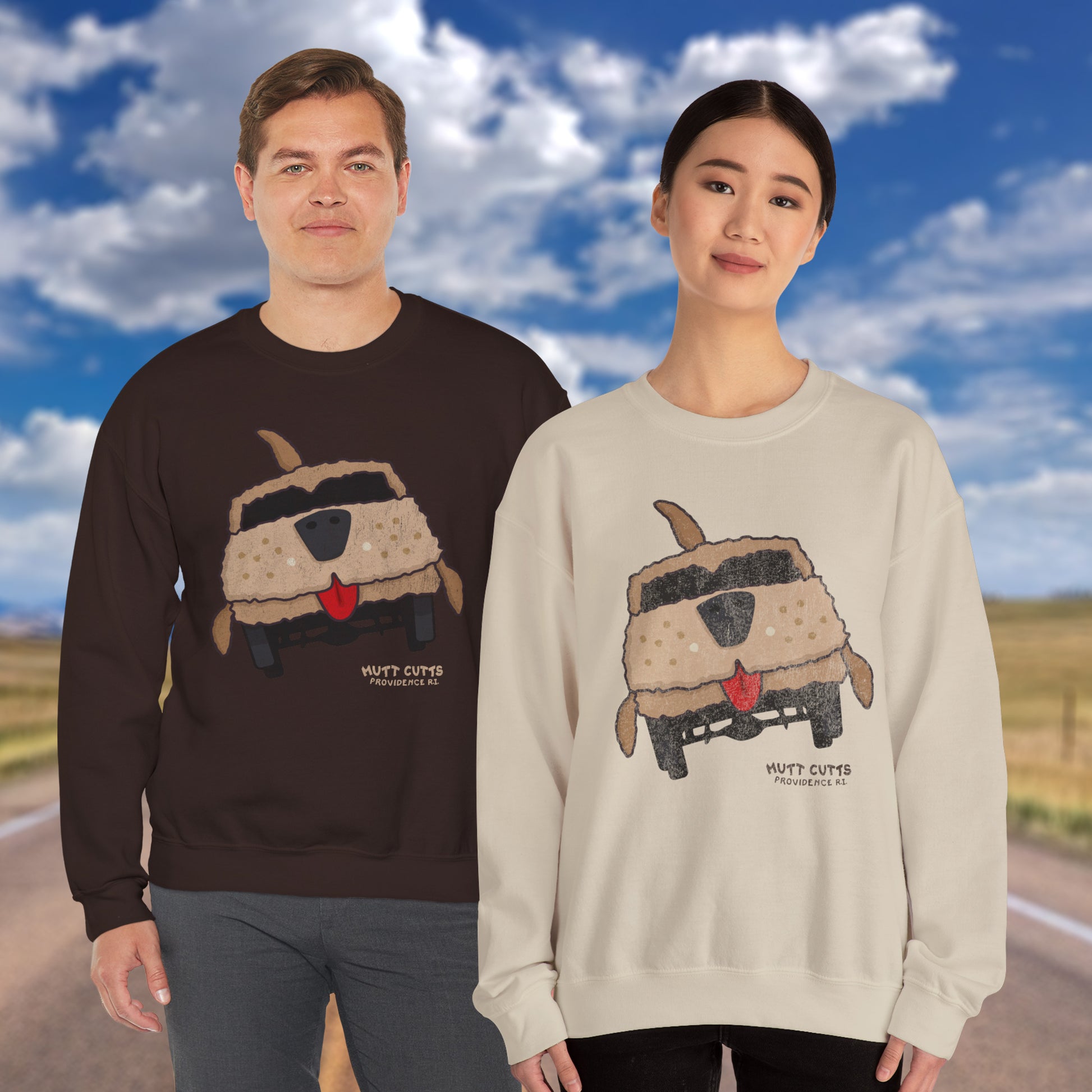 Two people wearing Gildan 18000 crewneck sweatshirts with Mutt Cutts dog van vintage distressed graphic from Dumb and Dumber movie