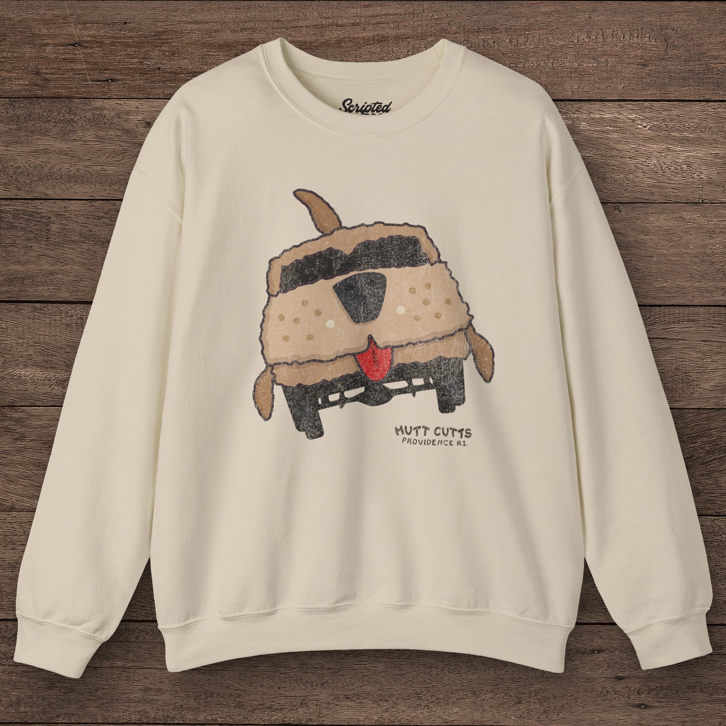 Dumb and Dumber Mutt Cutts dog van vintage distressed graphic on soft Gildan 18000 crewneck sweatshirt, sand color mockup front view
