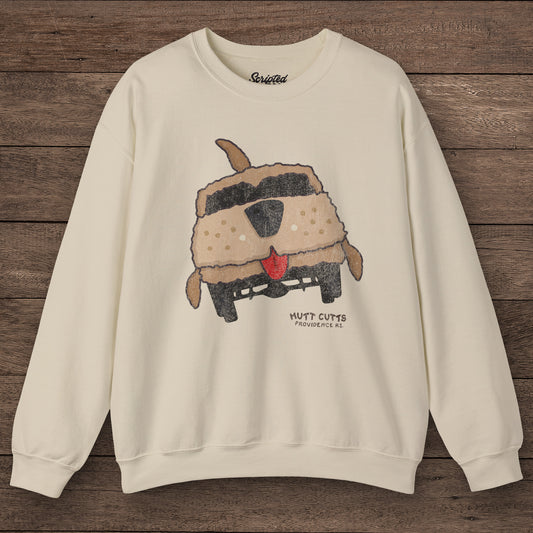 Dumb and Dumber Mutt Cutts dog van vintage distressed graphic on soft Gildan 18000 crewneck sweatshirt, sand color mockup front view