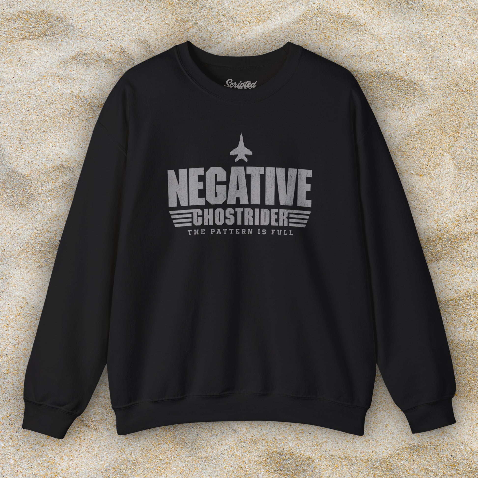 Black sweatshirt with distressed “Negative Ghostrider, The Pattern Is Full” design inspired by Top Gun.