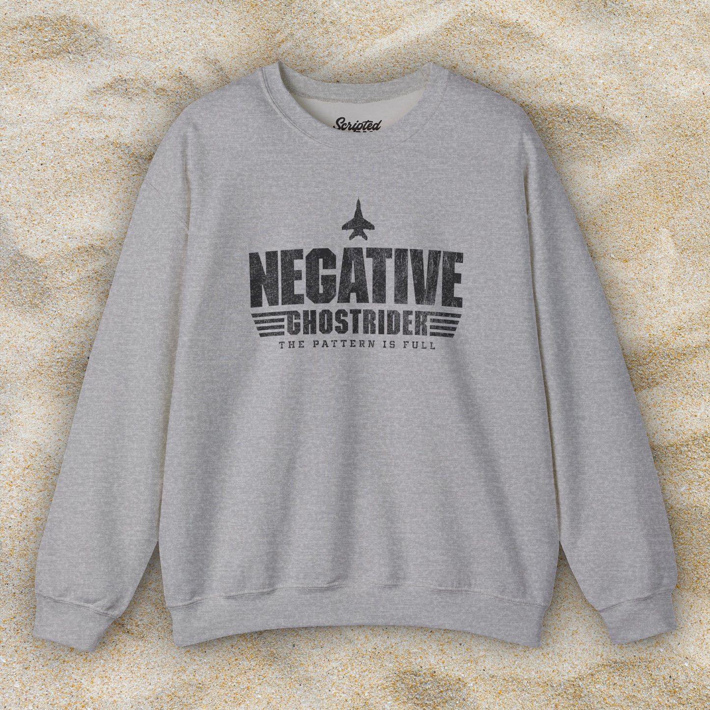 Heather gray sweatshirt with distressed “Negative Ghostrider, The Pattern Is Full” design inspired by Top Gun.