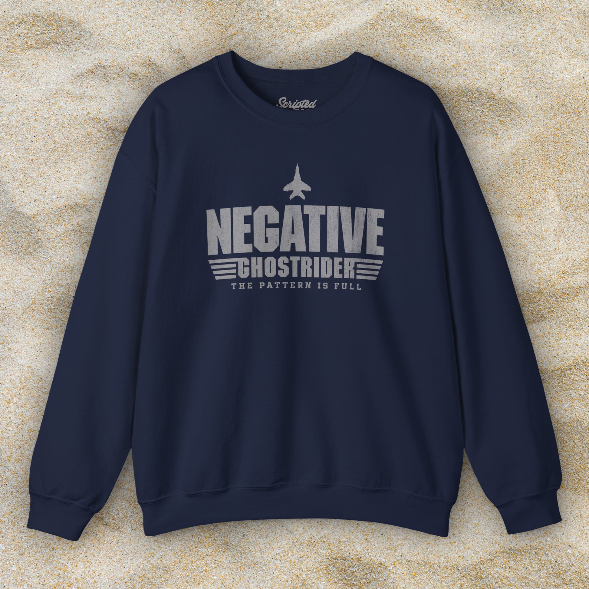 Navy blue sweatshirt with distressed “Negative Ghostrider, The Pattern Is Full” design inspired by Top Gun.