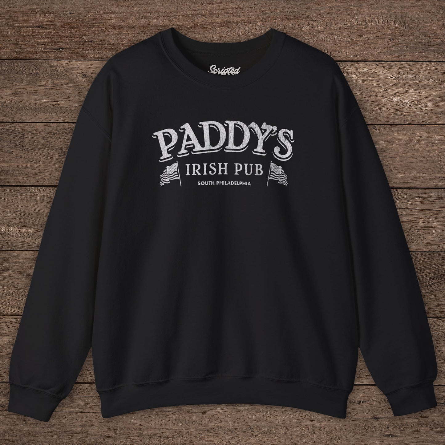 Black Crewneck Sweatshirt with the Paddy's Pub logo graphic from the TV Show Its Always Sunny in Philadelphia in a vintage style.